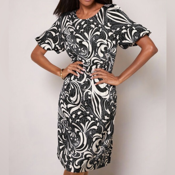 Talbots Dresses & Skirts - Talbots Black White Floral Dress Bubble Sleeve Satin Shift Wedding Guest Classic